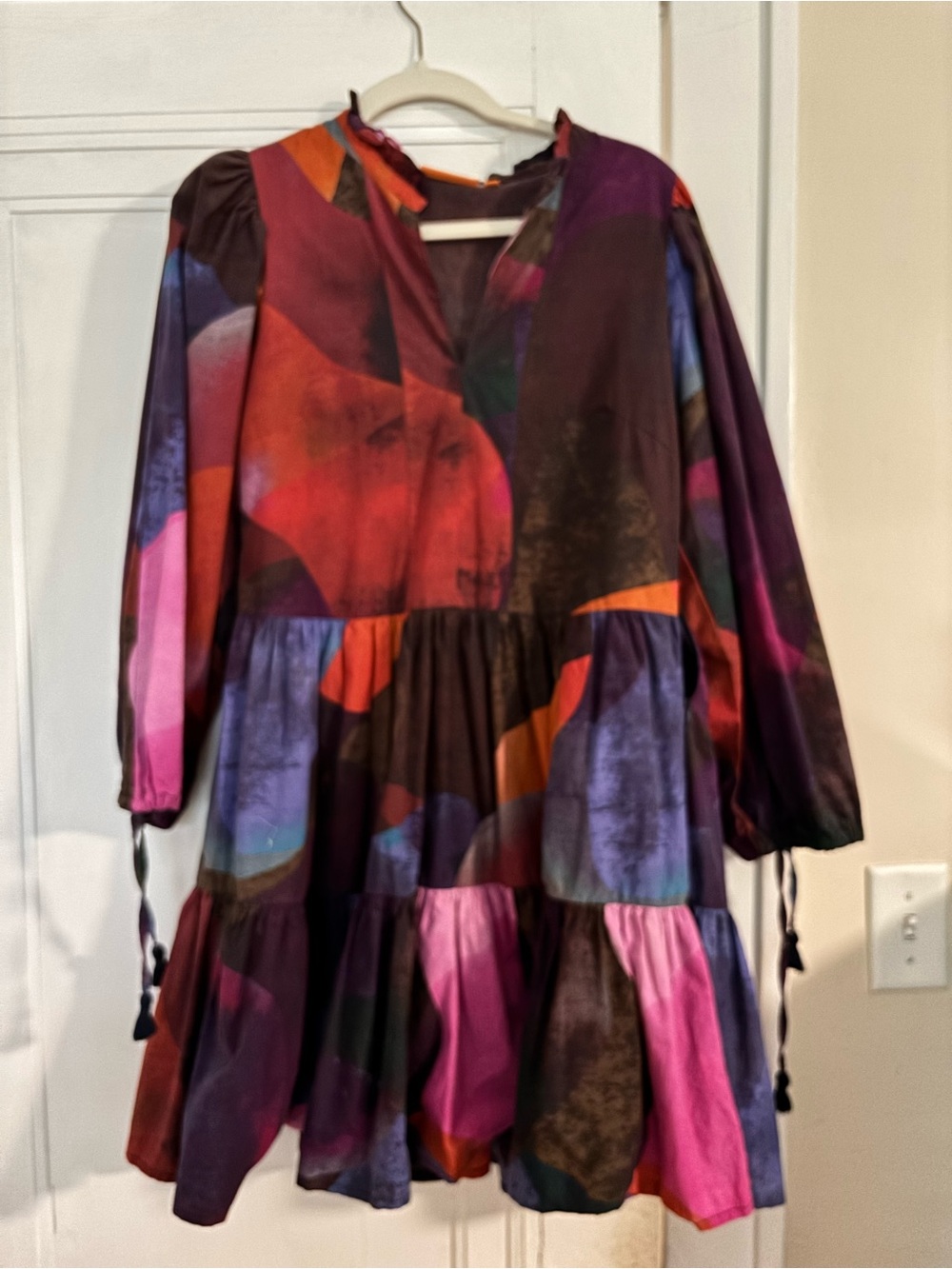 Oliphant Purple Pink and Rust Patterned Tiered Yoke Dress Watercolor (org. $198)